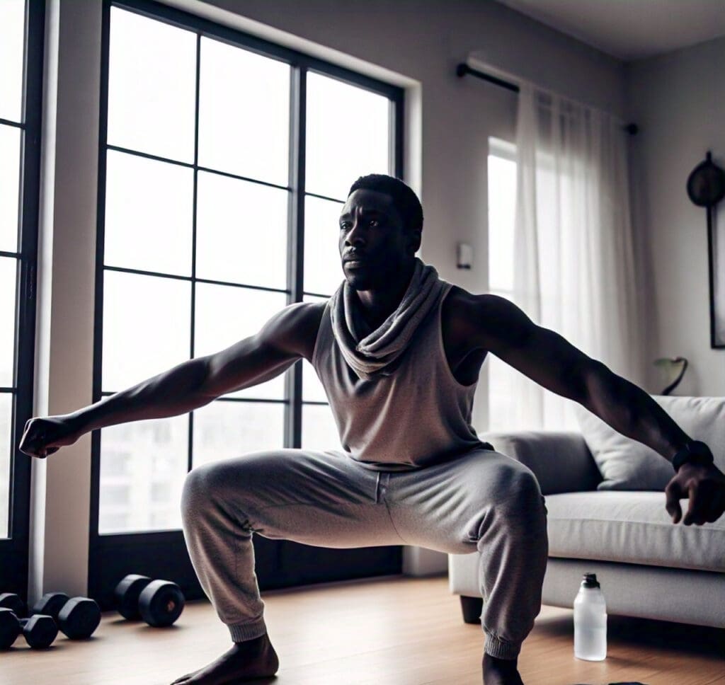 a_black_person_engaging_in_home_workout A person doing home workouts using resistance bands.