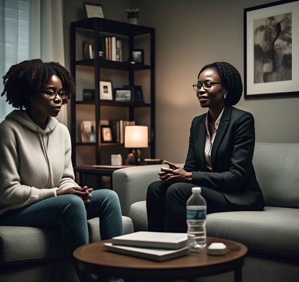 a_black_therapist_and_a_patient_discussing Therapist and patient discussing strategies for overcoming phone anxiety