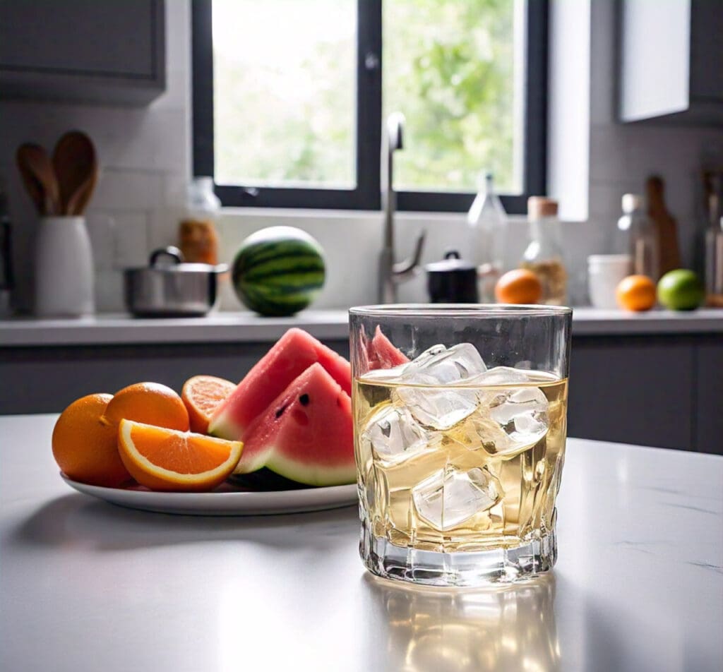 a_glass_of_water_with_fresh_fruits A glass of water placed on a kitchen table alongside fresh fruits