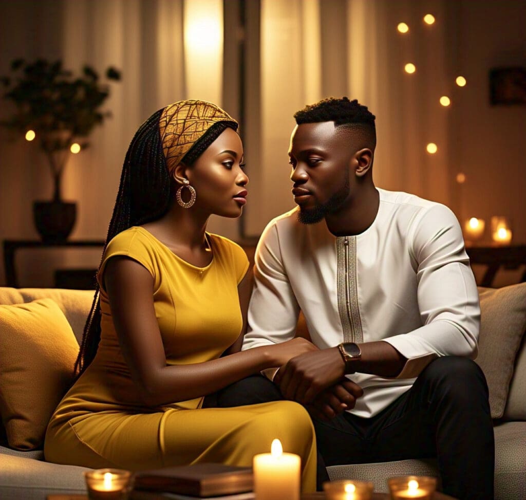 a_nigerian_couple_engaged_in_a_deep A couple having a sincere conversation, emphasizing the role of open communication in building trust