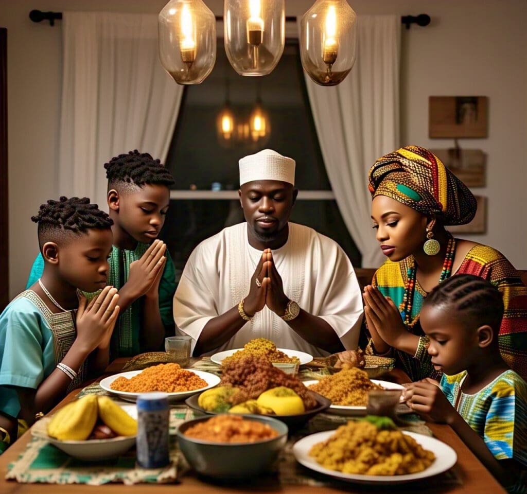 a_nigerian_family_praying_together_at_a A Nigerian family praying together, illustrating how faith can provide comfort and strength during difficult times.