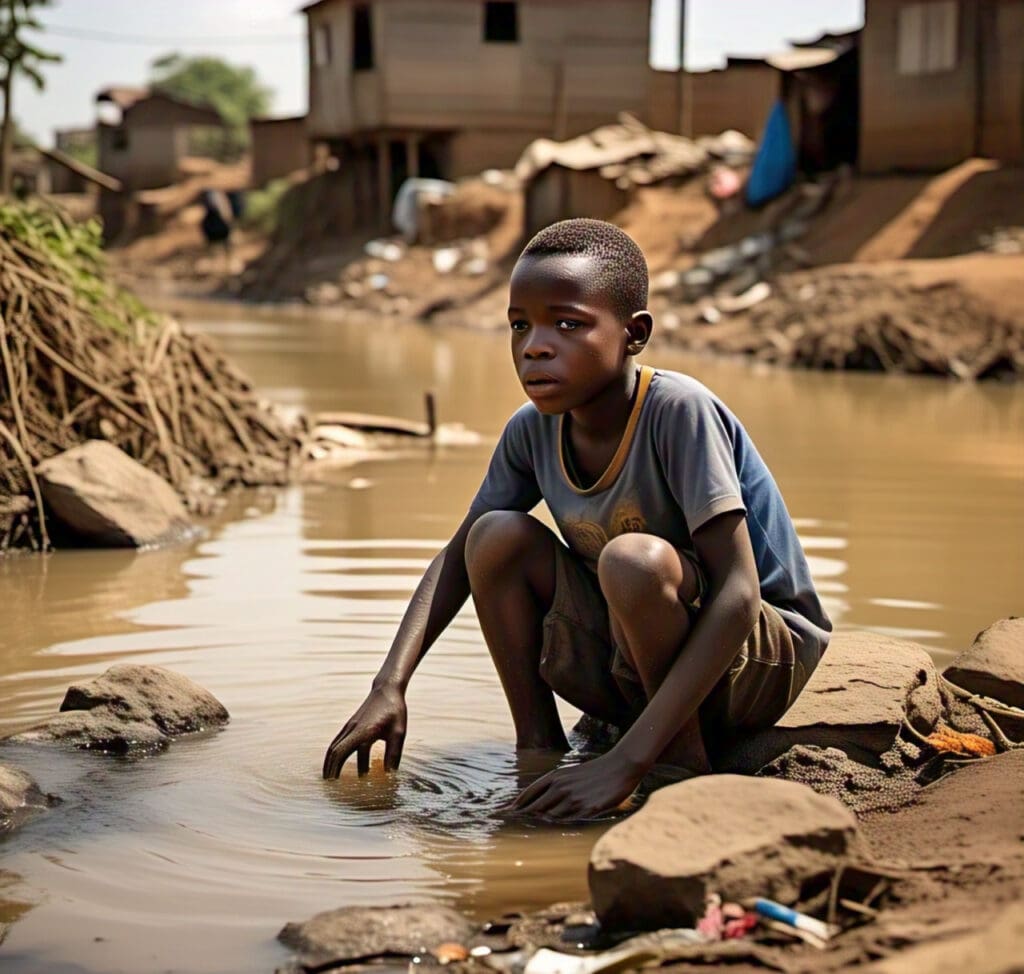A-child-drinking-water-from-a-polluted-river A young child drinking from a contaminated water source, emphasizing the dangers of water pollution on health