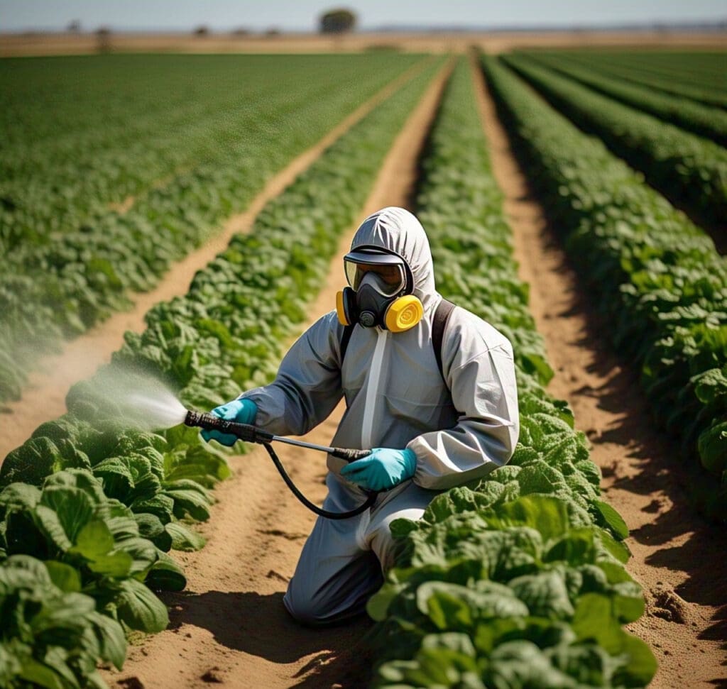 A-worker-in-protective-gear-spraying-pesticides-on-crops An agricultural worker spraying pesticides, highlighting the risks of exposure to toxic chemicals in farming and daily life.
