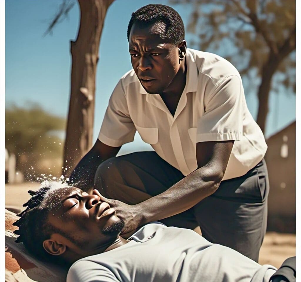 a_black_person_helping_someone_with_heatstroke First aid for heatstroke—helping a person cool down with water and shade