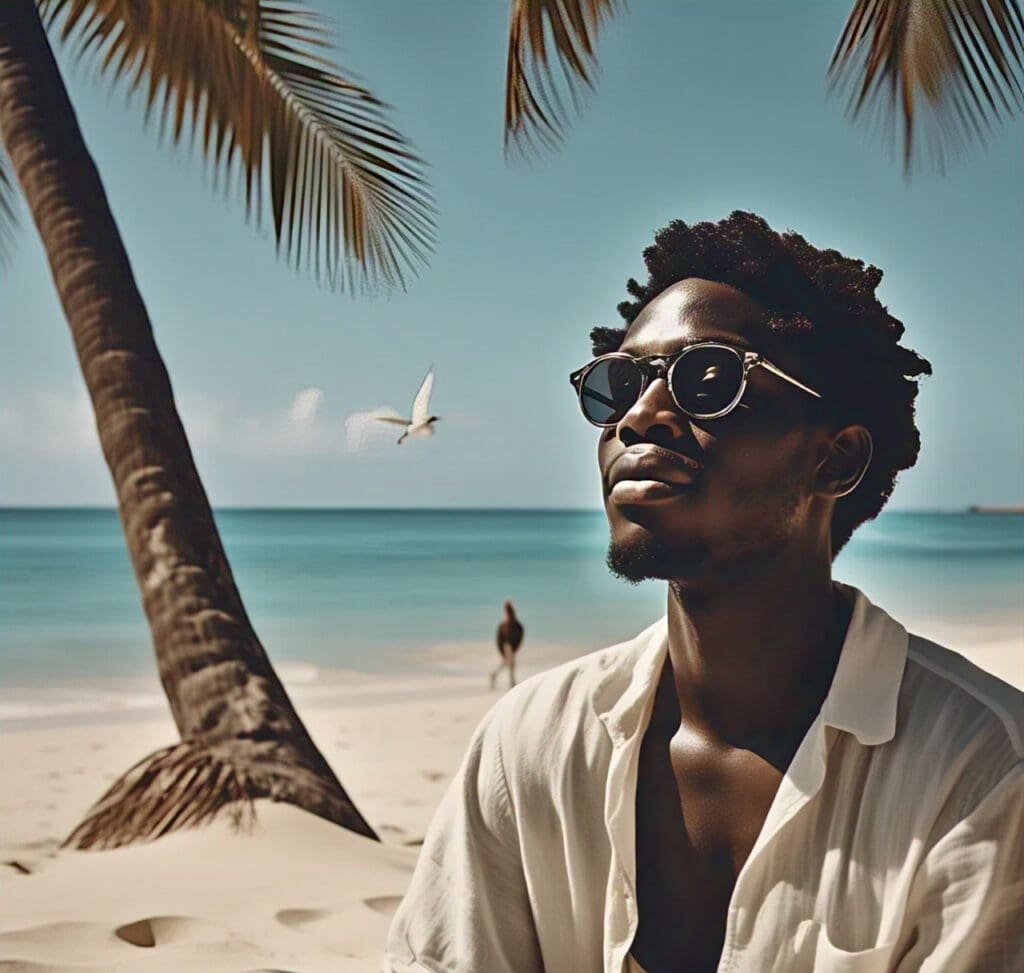 a_black_person_imagining_a_peaceful_scene A person practicing visualization, imagining a tranquil beach setting to calm the mind and reduce stress.