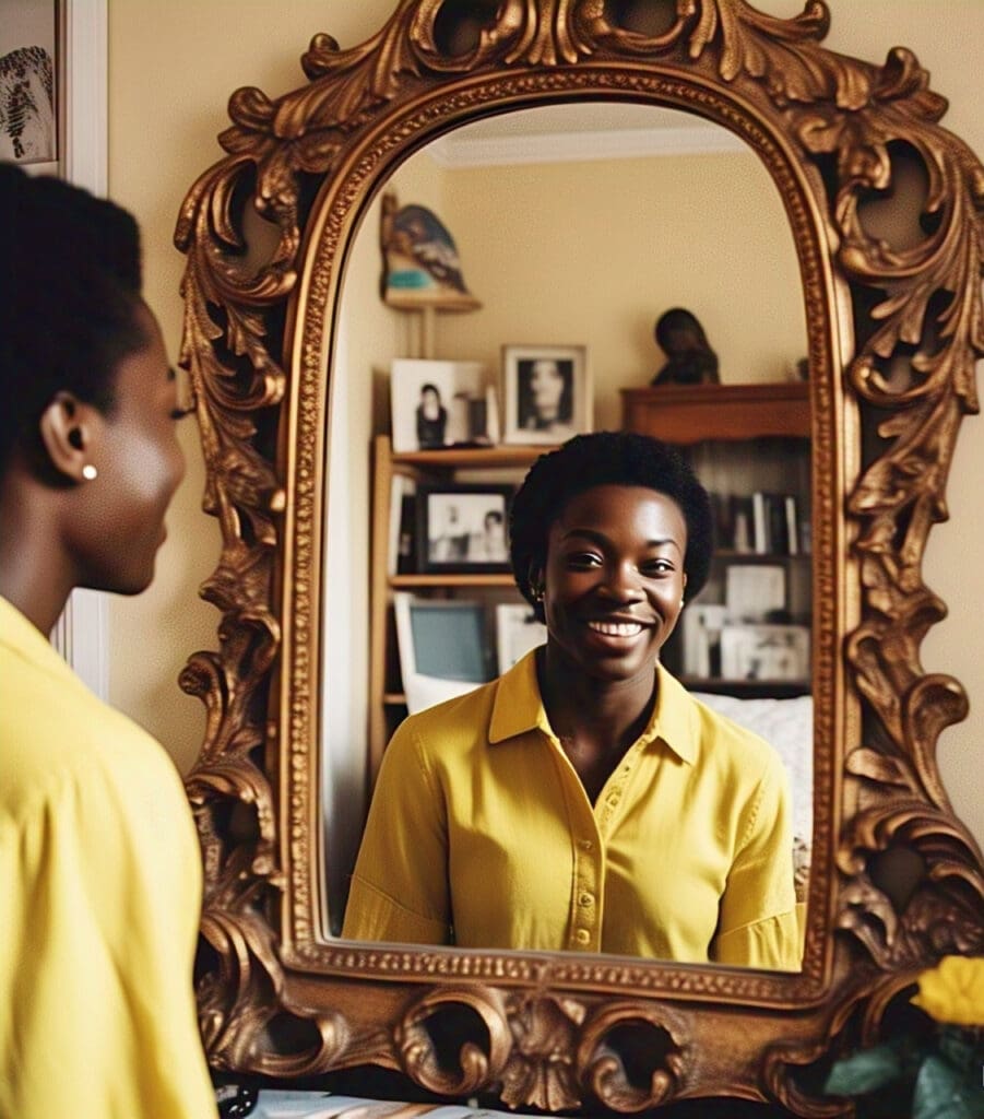 a_black_person_looking_at_themselves_in A person reinforcing positive self-talk to reduce stress and boost confidence
