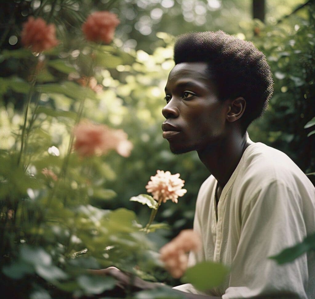 a_black_person_observing_their_surroundings_mindfully A person engaging in mindfulness, using grounding techniques to stay present and reduce anxiety.