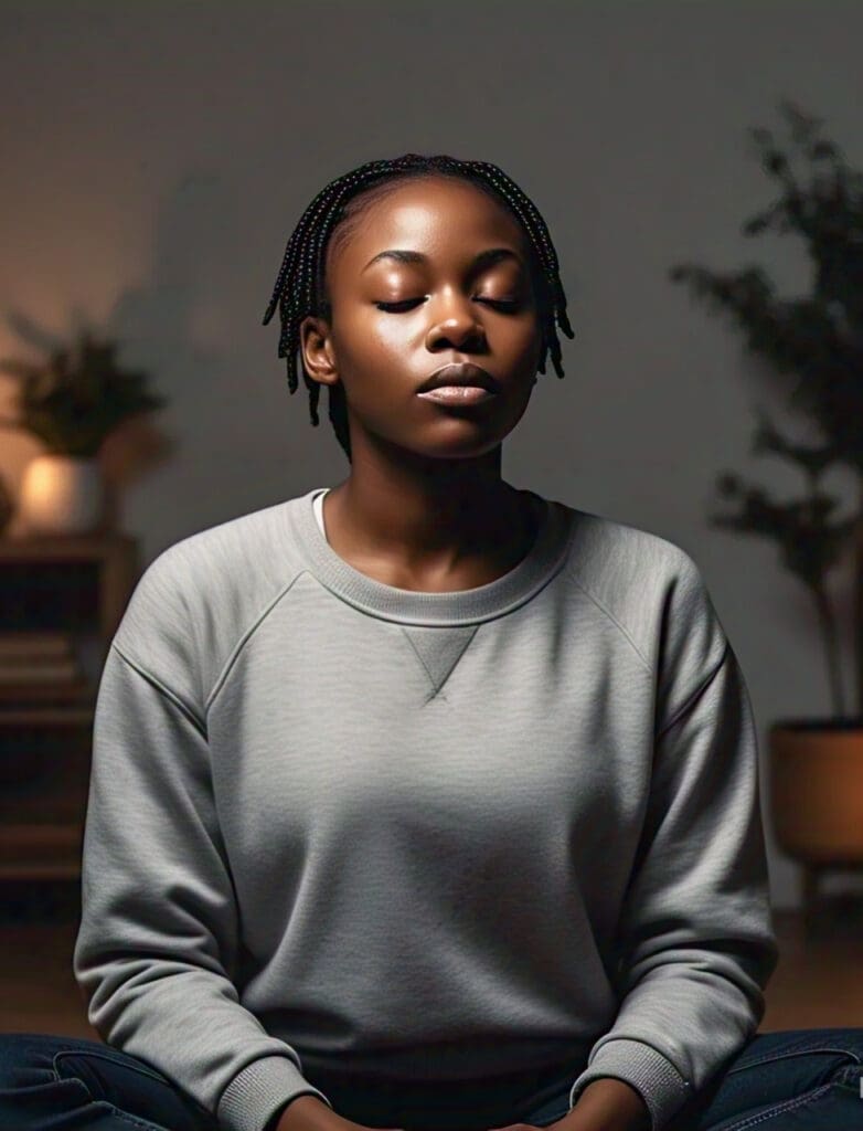a_black_person_sitting_in_a_calm A person practicing deep breathing for stress relief, sitting in a peaceful setting with a relaxed expression.