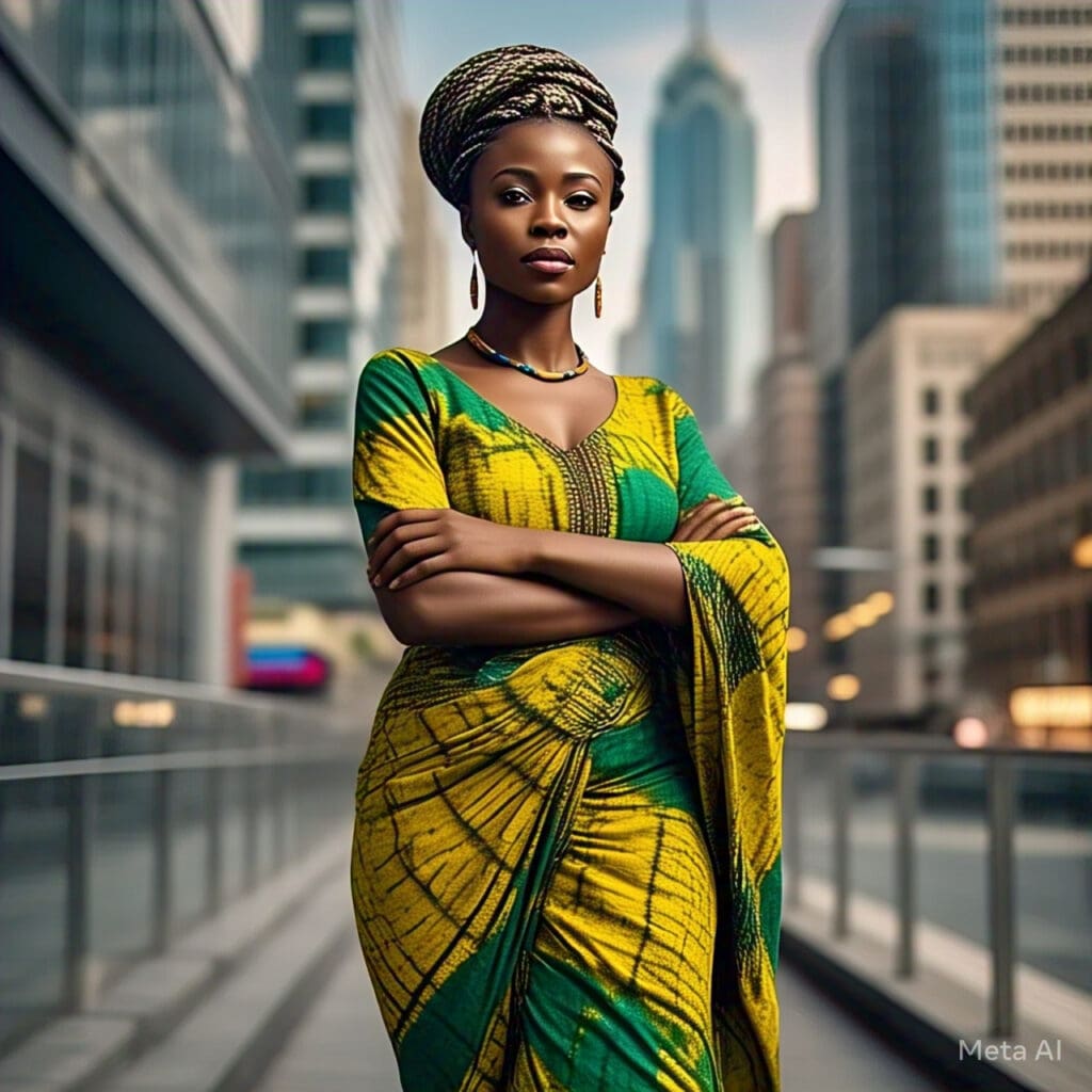 a_confident_nigerian_woman_standing_with_folded_arms A resilient Nigerian woman standing tall, representing strength and recovery after surviving domestic abuse.