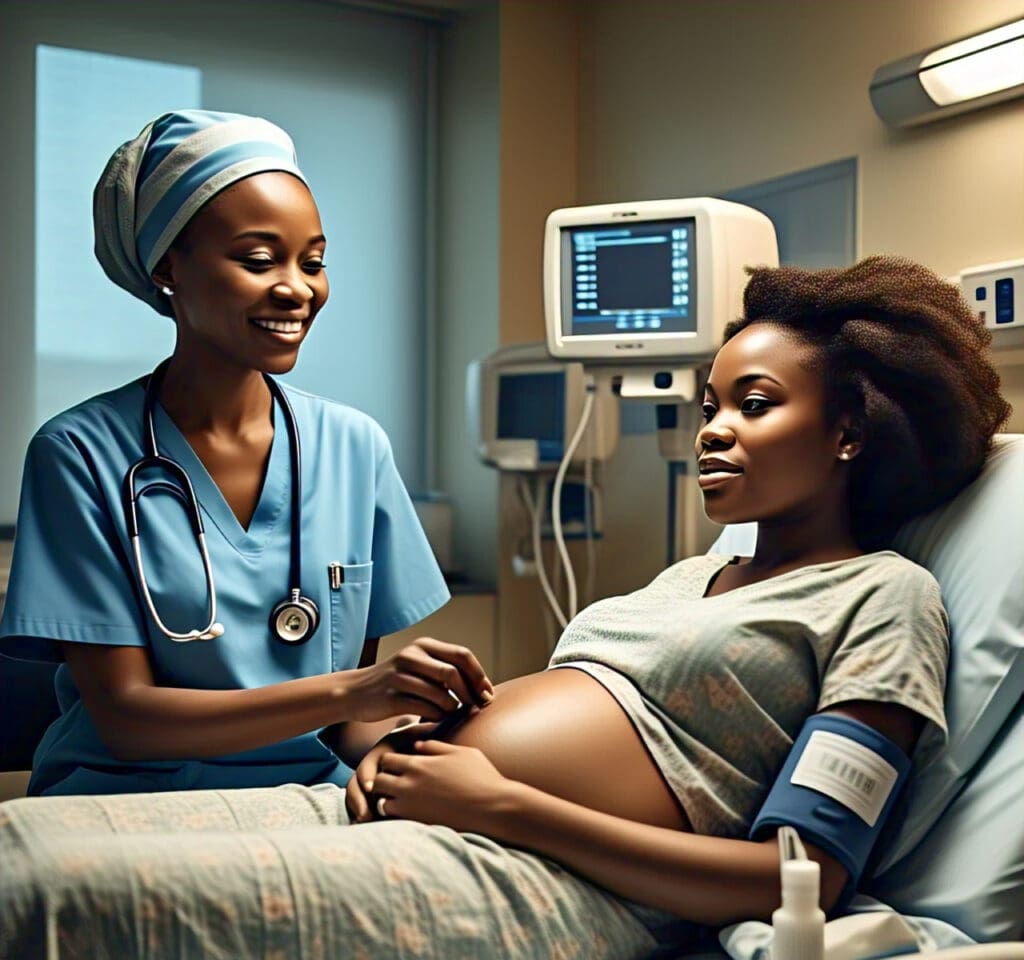 a_nigerian_healthcare_worker_attending_to_a A healthcare worker attending to a pregnant woman during an antenatal check-up ascertaining maternal and child health