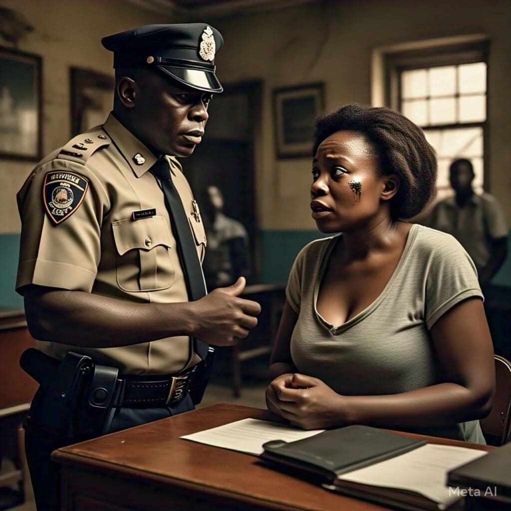 a_nigerian_police_officer_speaking_with_a_domestic_abuse_victim Nigerian law enforcement providing assistance to a domestic violence survivor.
