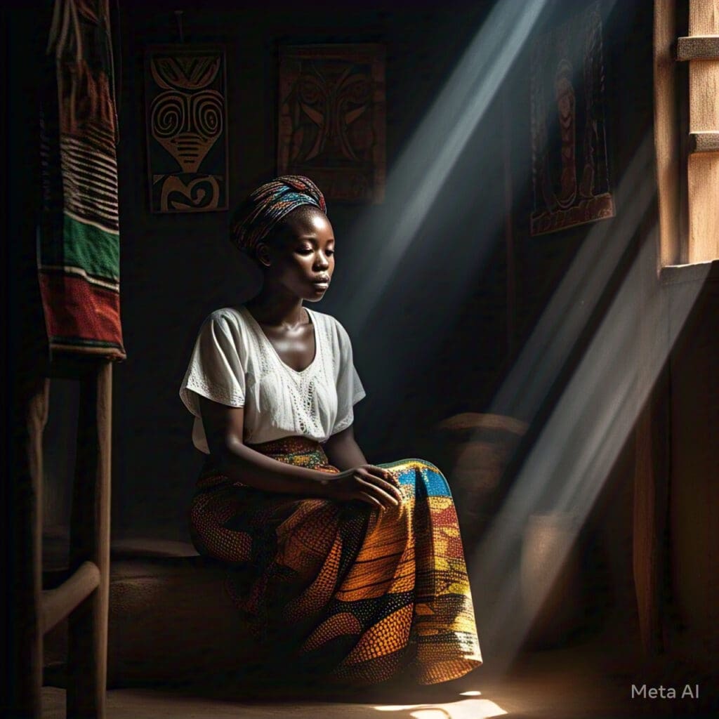 a_nigerian_woman_sitting_alone_in_a_dark_room A Nigerian woman sitting in a dimly lit room, symbolizing isolation and the emotional toll of domestic violence