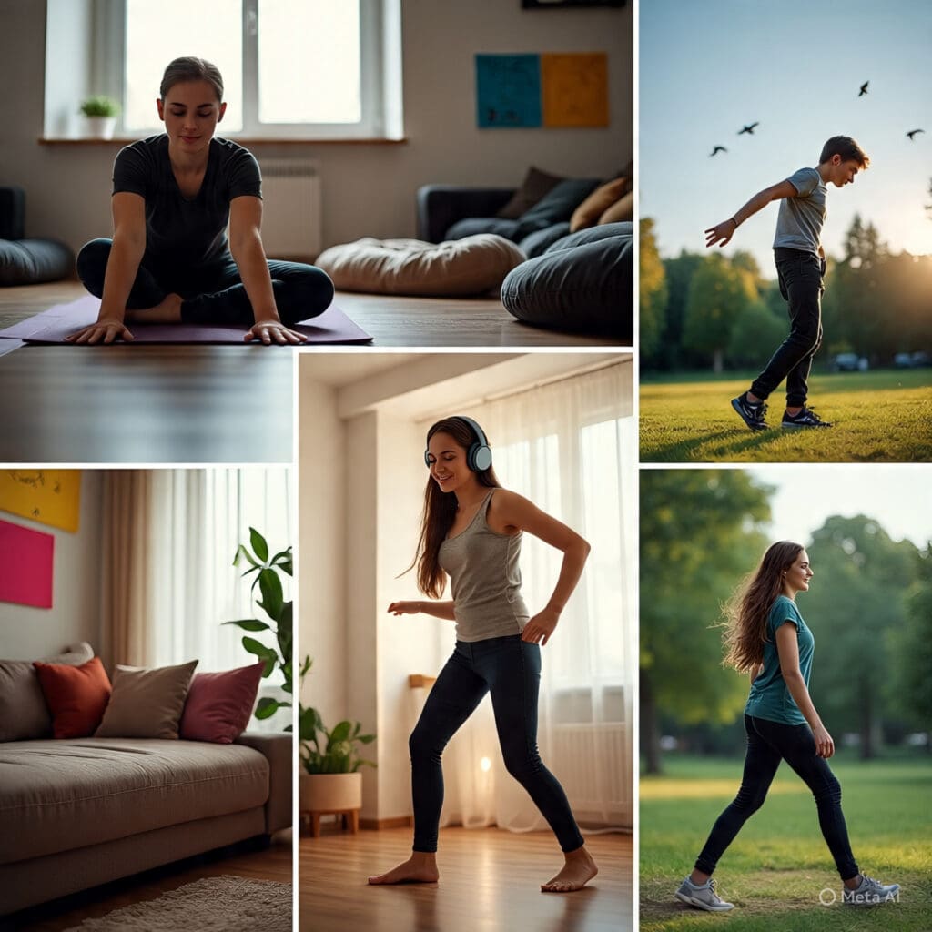 a_collage_of_quick_stress_relief_activities_someone_stretching Various physical activities such as stretching and walking used to reduce stress naturally.