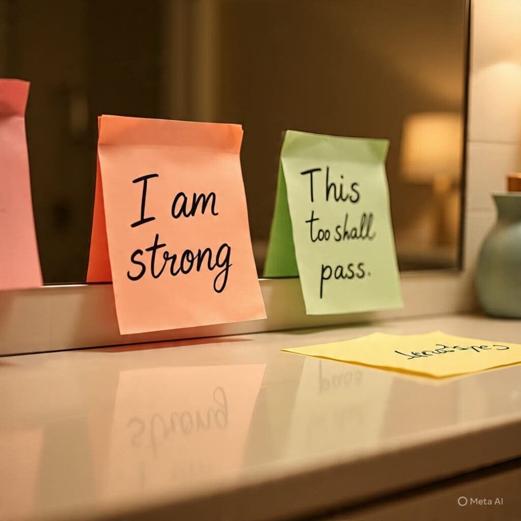 a_mirror_reflection_with_handwritten_sticky_notes Affirmation notes on a mirror promoting positive self-talk for mental resilience.