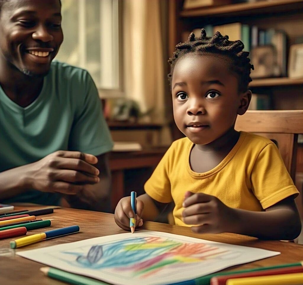 a_nigerian_child_drawing_with_crayons_while Nigerian child expressing feelings through drawing with caregiver support in a conflict-affected environment.