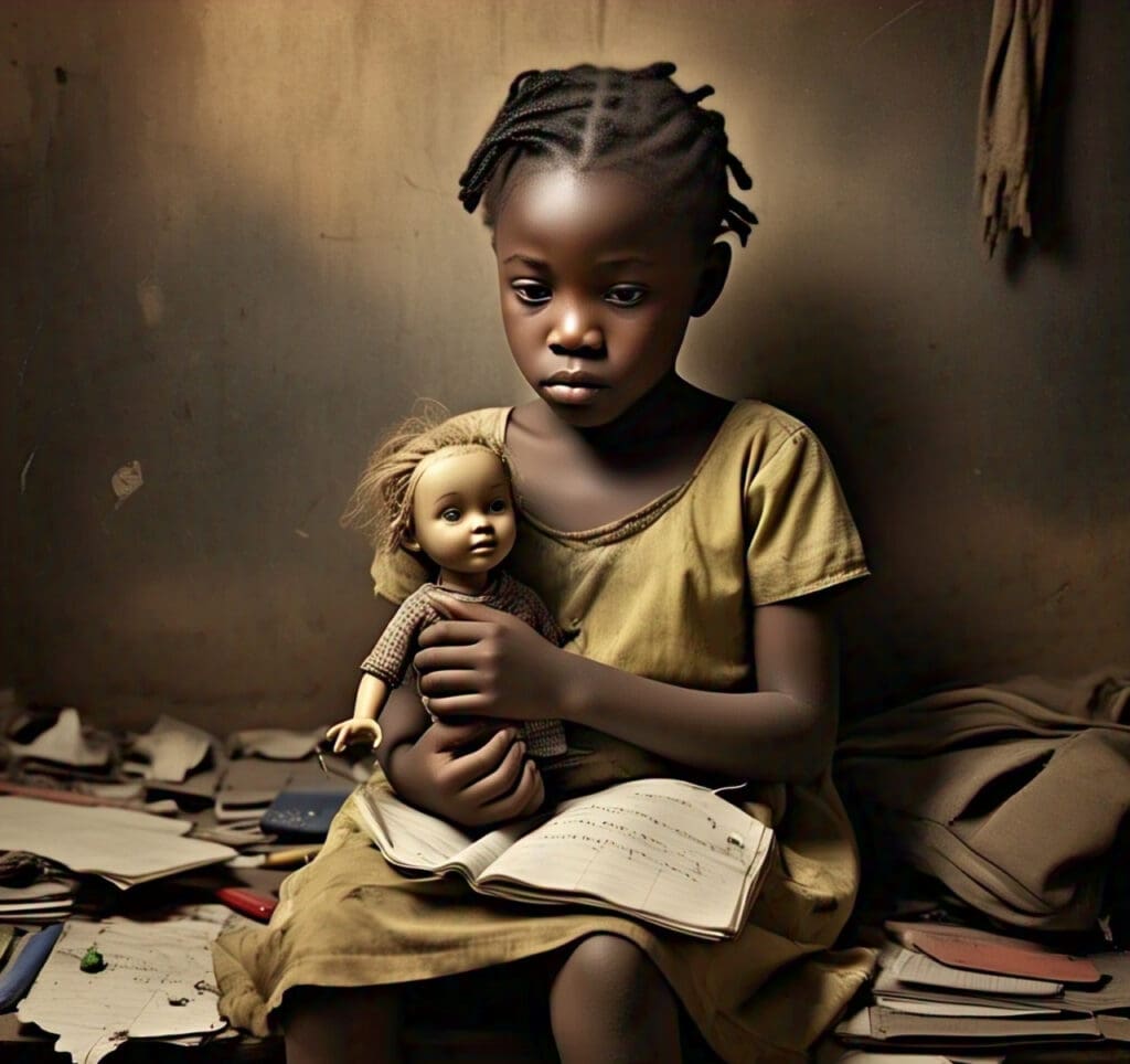 a_nigerian_child_sitting_alone_with_a Emotionally distressed Nigerian child sitting alone with a toy, showing signs of trauma in conflict zones.