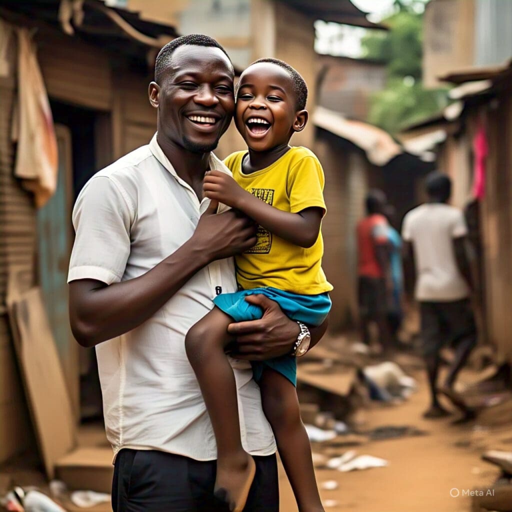 Father showing love to his child in a displacement camp, strengthening emotional resilience.