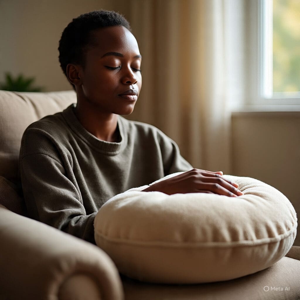 a_peaceful_indoor_scene_with_an_african Mindfulness exercise showing a person identifying sights, sounds, and sensations using grounding techniques.