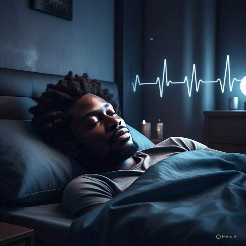 a_visually_calming_high_resolution_image_of_a A calm African man sleeping in a dimly lit room with soft ECG heartbeat graphics, illustrating the connection between restful sleep and heart health