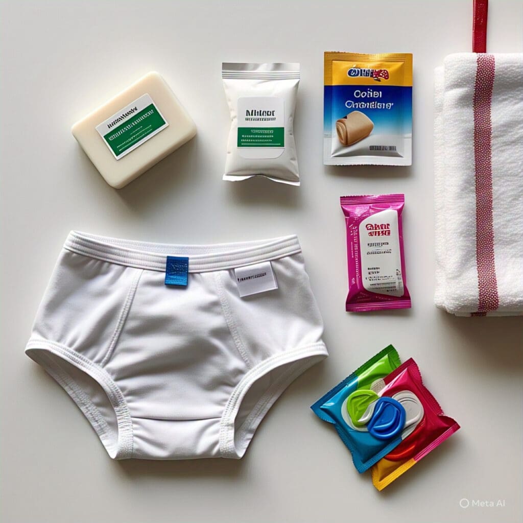 flat_lay_of_personal_hygiene_items_mild_soap Essential items for practicing sexual hygiene including mild soap, cotton underwear, and condoms