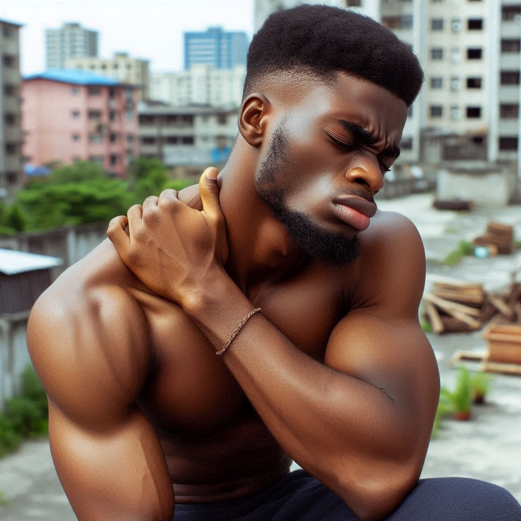 Unlocking the Mystery of Thoracic Outlet Syndrome (TOS): A Guide to Understanding, Healing, and Thriving a man feeling pain on his neck and shoulder- thoracic outlet syndrome (TOS)