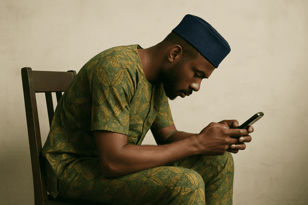 a man siting in a bent way to press is phone- tech neck