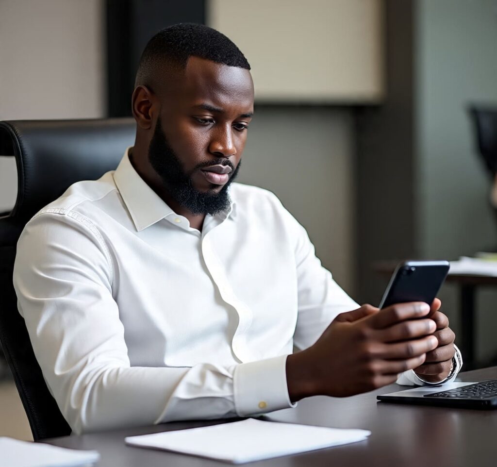 a man sitting upright on the chair and pressing is phone- tech neck